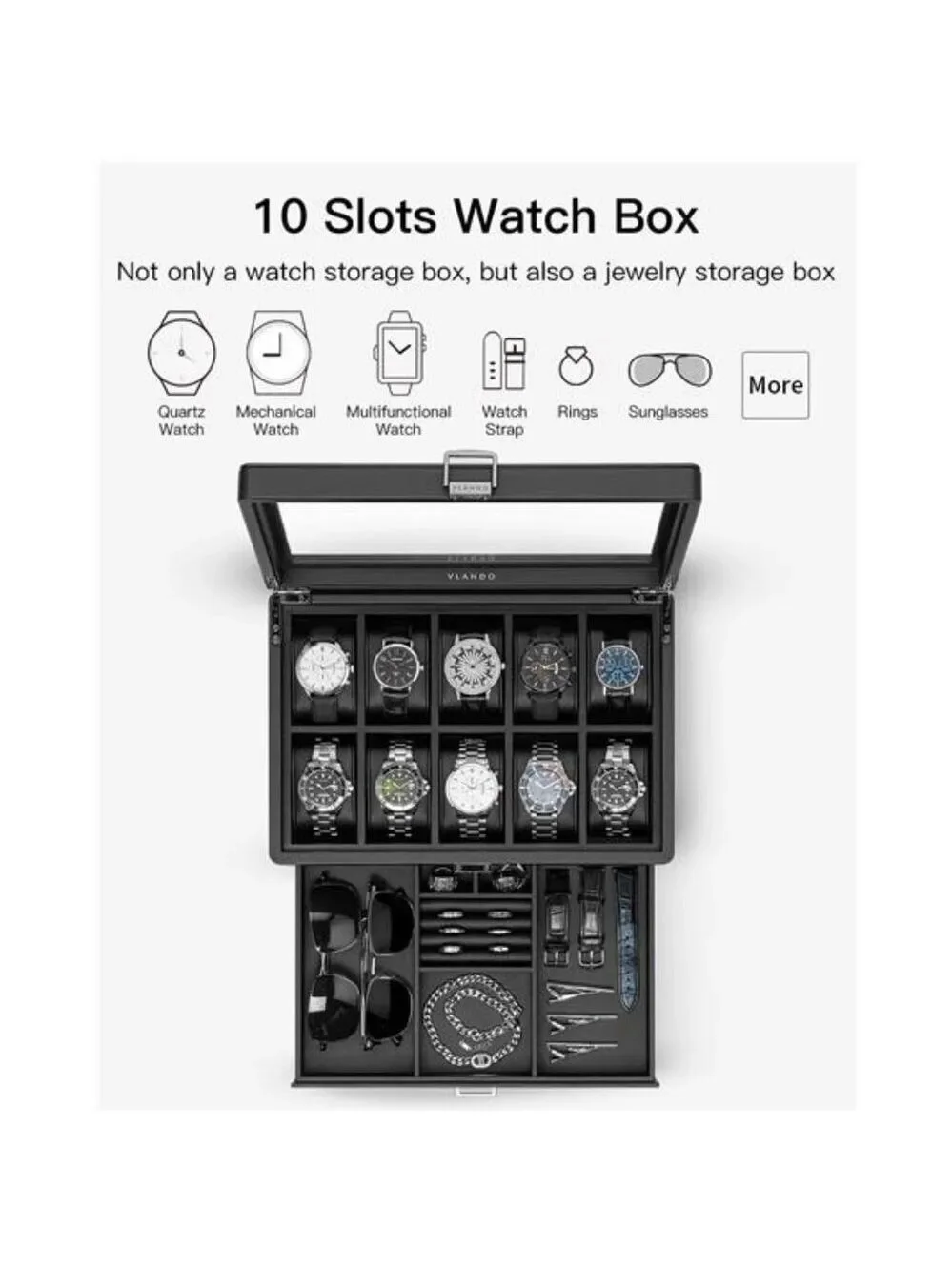 Mens Watch Box Organizer 10 Slot Leather Jewelry Case with Drawer Glass Lid